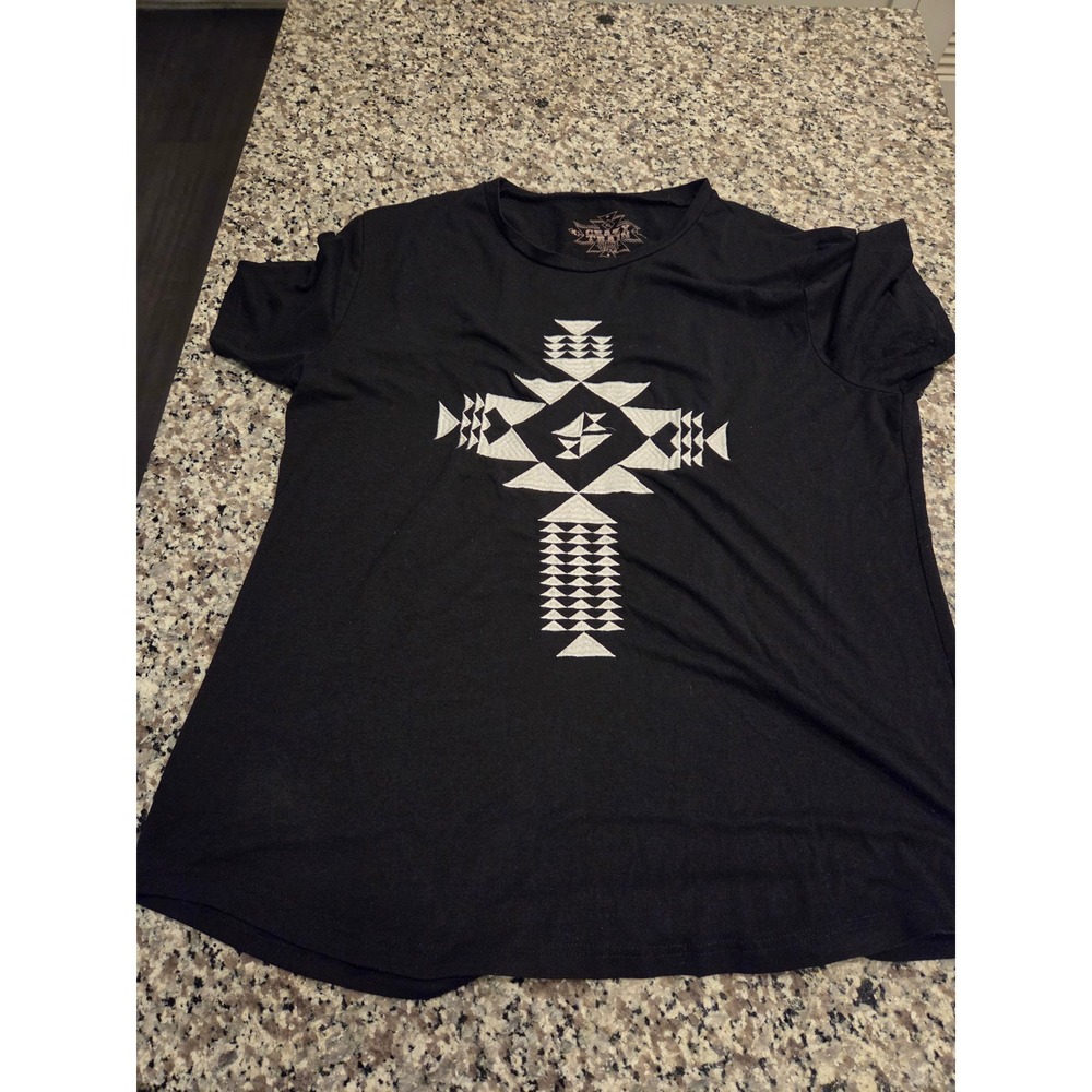 Crazy Train Aztec Cross Graphic T-Shirt Womens XL Black Short Sleeve Tee
